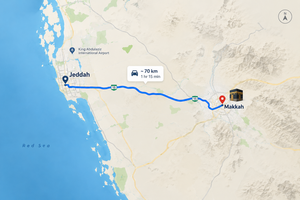 Map showing Jeddah city centre to Makkah distance for taxi journey reference