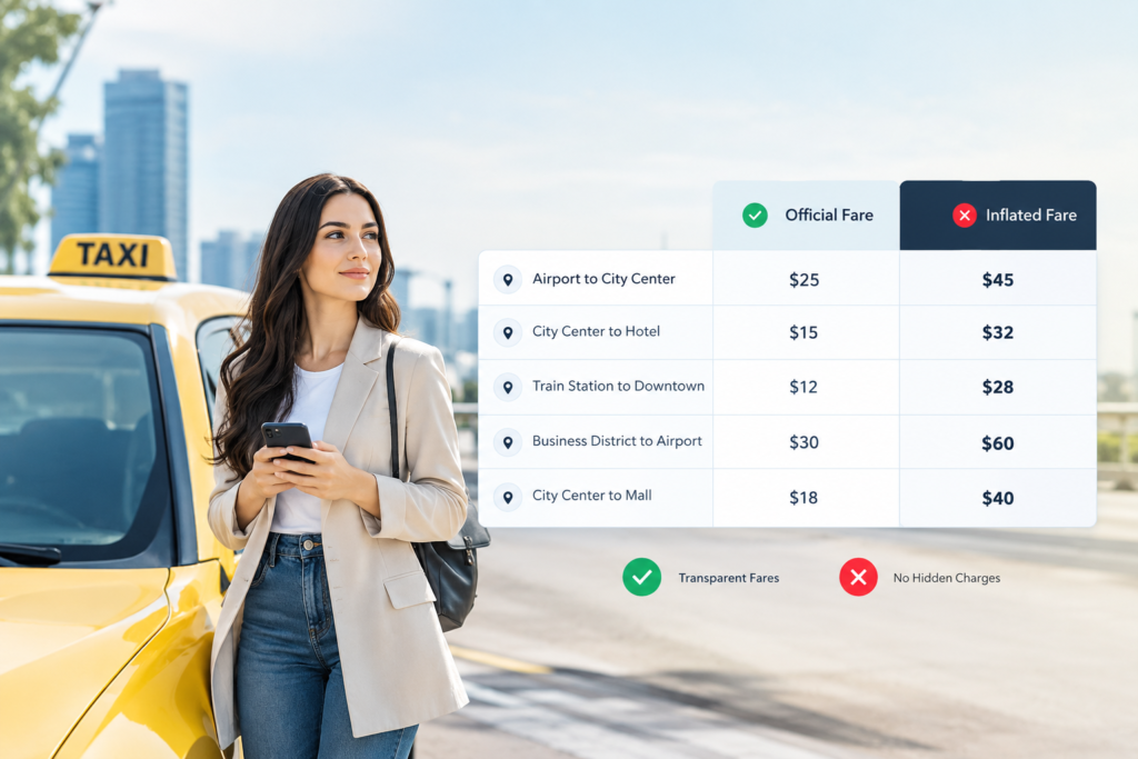 How to avoid Jeddah Airport Taxi Scams. Comparison of official Jeddah airport to Makkah taxi fare versus inflated curb
prices
