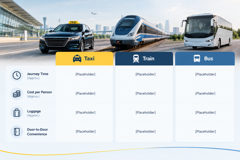 Comparison infographic: Makkah to Madinah, taxi vs train vs bus 2026
